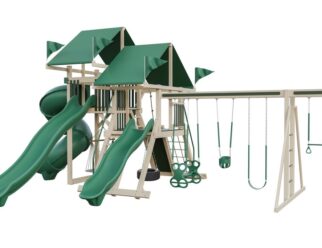 Mega Climber swing set with an almond-colored frame and green accents. Includes three green slides, several swings, and two covered roofs.