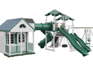 Cottage Playhouse swing set with two green slides and a tunnel that connects to a small playhouse.