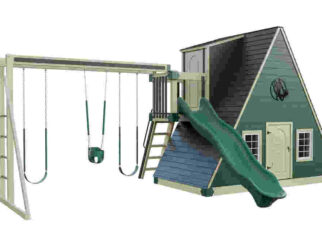 Alpine Retreat Playhouse swing set with three swings, one slide, and a triangular playhouse attached.