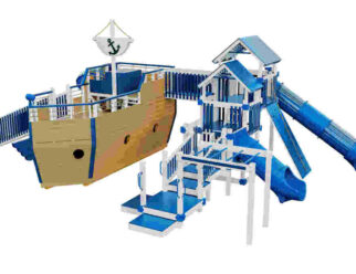 A Buccaneer swing set with a blue slide and a blue tunnel connecting to a brown platform that looks like a ship.