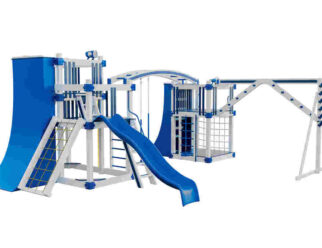 obstacle source swing set with a blue slide, blue climbing wall, and monkey bars.