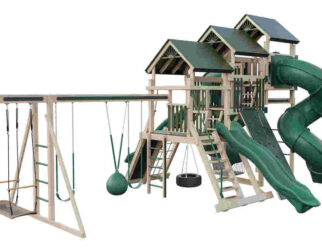 Pinnacle swing set with two green slides and several swings.