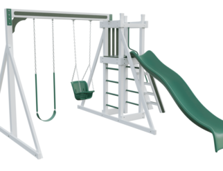 Basecamp swing set with a white frame and green accents. Includes a green slide and two swings.