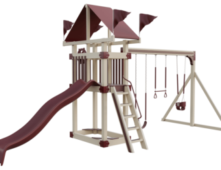 Basecamp swing set with an almond-colored frame and red accents. Includes a red slide, covered roof, and two swings.