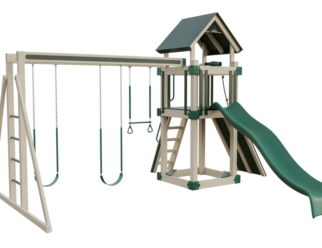 Basecamp swing set with an almond-colored frame and green accents. Includes a slide, covered roof, and three swings.
