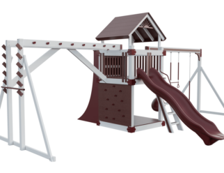 Basecamp fitness swing set with a white frame and red accents. Includes a red slide, covered roof, and swings.