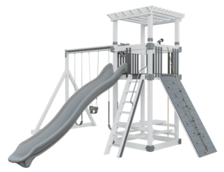 Basecamp swing set with a white frame and gray accents. Includes a gray slide, covered roof, climbing wall, and swings.