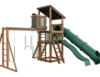 Basecamp swing set with a brown frame and green accents. Includes a green tunnel slide, covered roof, and swings.