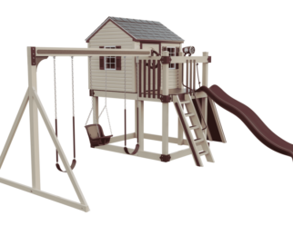 swing set with a small playhouse, two slides, a ladder, and swings.