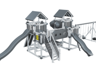 swing set with two slides, two playhouses, and a tunnel connecting the two.