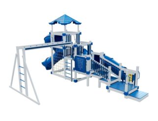 a blue and white play set with monkey bars and spiral slide