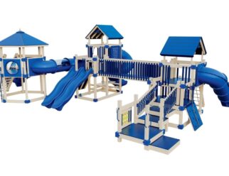 a white and blue play set with three platforms and several slides