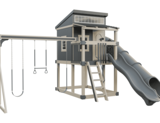 swingset with two swings, two slides, and a small playhouse.