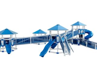 a white and blue play set with several slides and four platforms