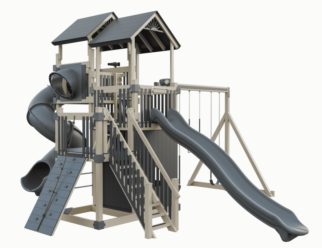 a swingset with slides, a climbing wall, swings, and ladders.