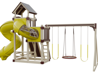 Super Turbo Switchback swing set with a brown frame and yellow accents. Includes spiral slide and three swings.