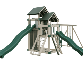 Super Adventure Switchback with white frame and green accents. Includes two slides, two covered roofs, and swings.