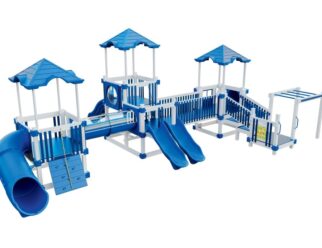 blue and white playset with several slides and three platforms
