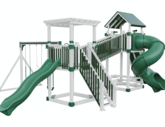 swing set with two slides, a small staircase, and swings.