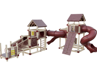 a brown and red play set with two platforms and a spiral slide