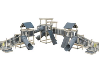 a tan and gray play set with several slides and two platforms