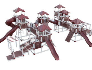 a white and red play set with five platforms and several slides