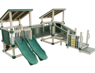 green play set with two slides.