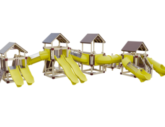 brown and yellow playset with several slides and four platforms