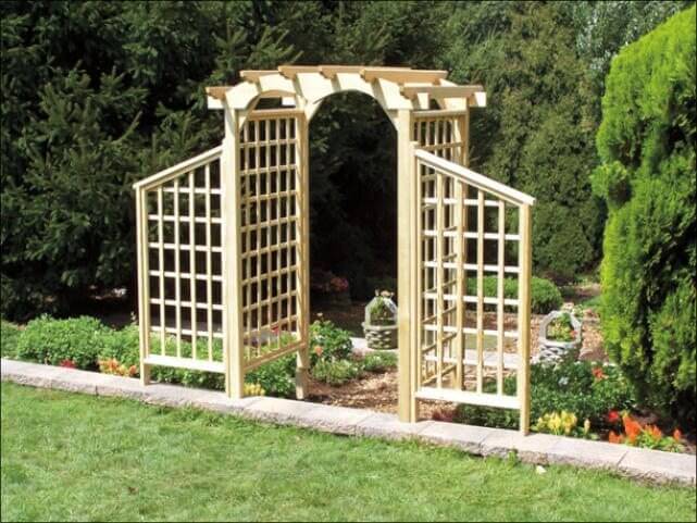 Wooden arbor with wings for privacy landscaping