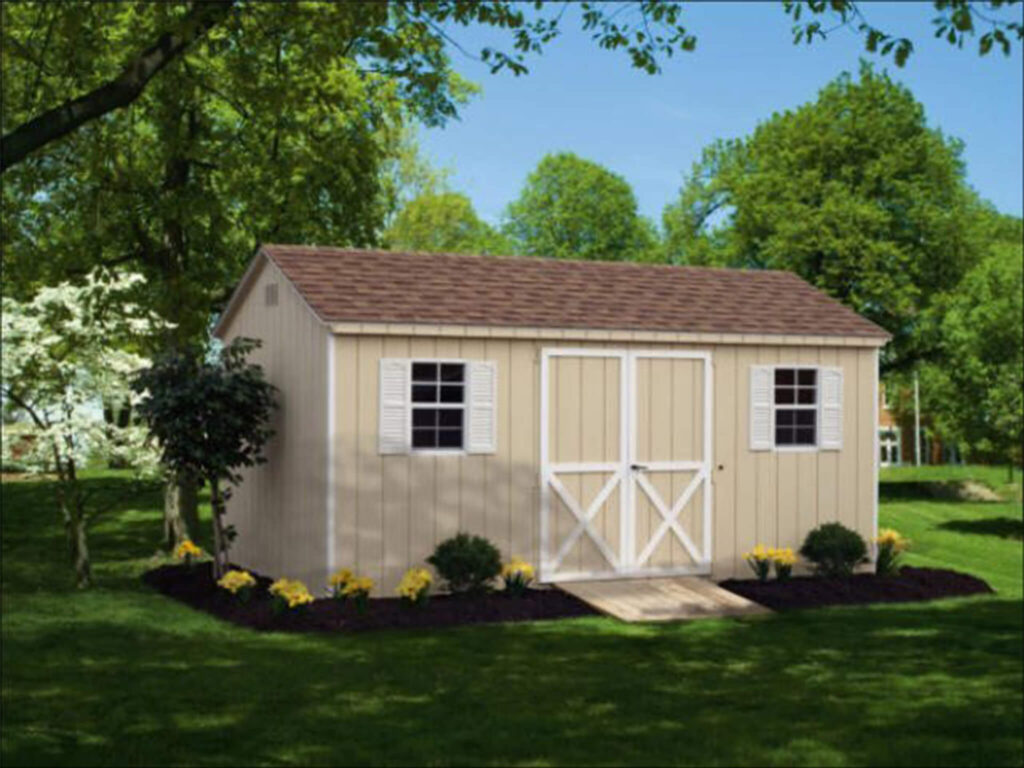 Tan A-frame shed in a yard