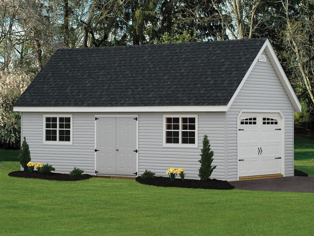 Gray chalet shed in a yard