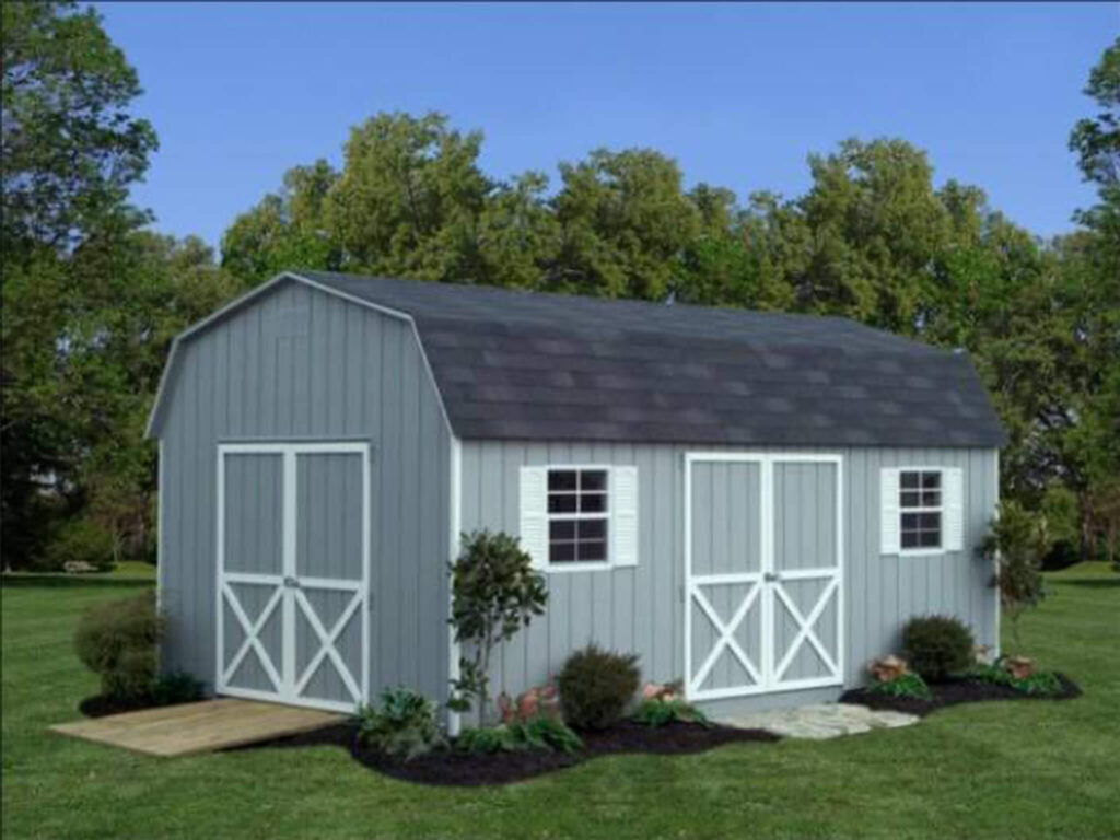 Blue Dutch barn shed with a ramp