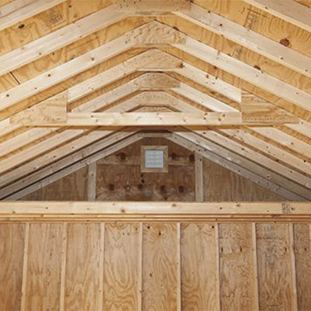 Interior loft of an A-frame shed