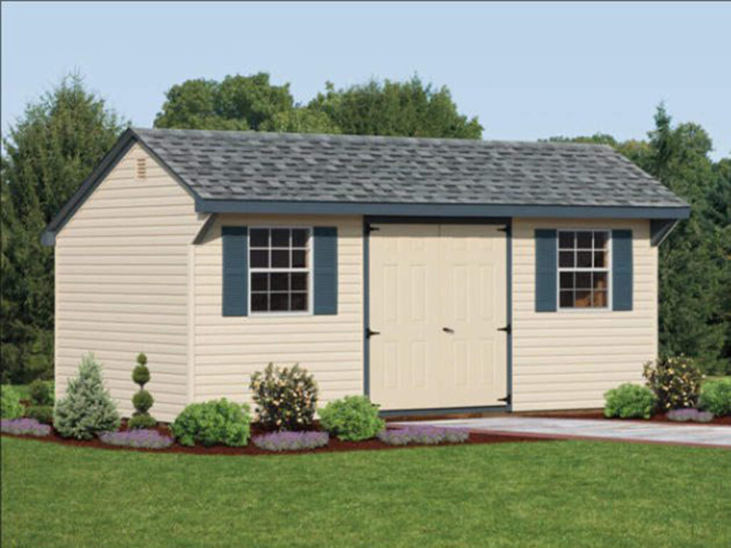 Yellow and blue Quaker shed in a yard