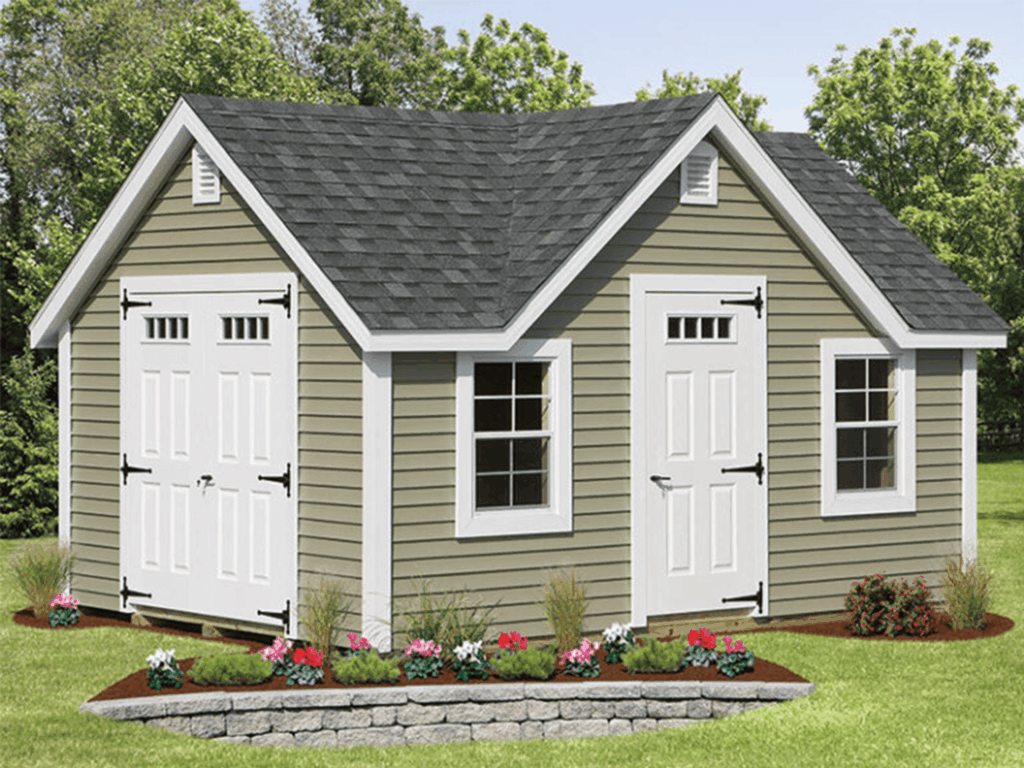 Classic shed with green vinyl siding on shed