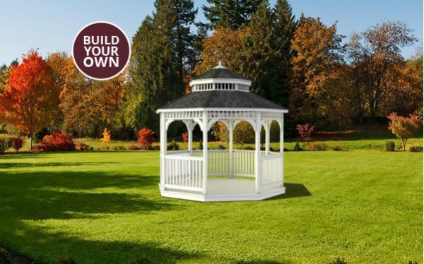 White vinyl gazebo rendering in a grassy field with a sticker that says, "Build Your Own"