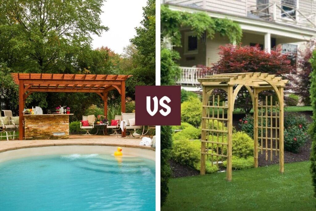 Wooden pergola on the left and a wooden arbor on the right with a "vs" separating the two images