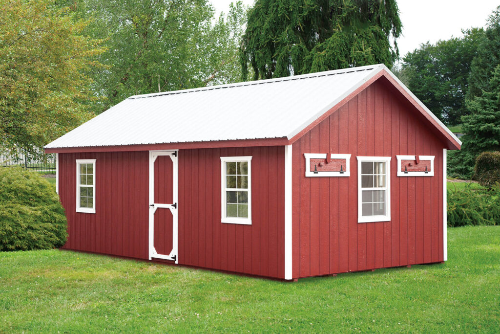 Red A-Frame chicken coop for sale in a backyard