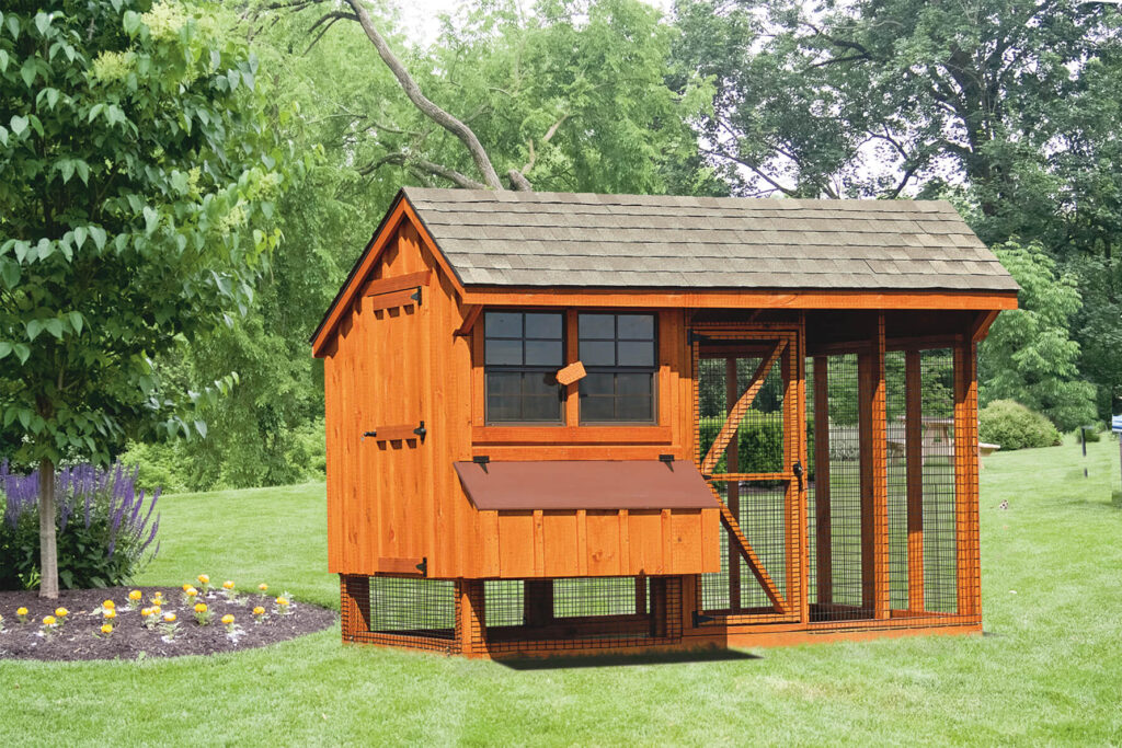 Wooden combination Quaker chicken coop for sale in a backyard