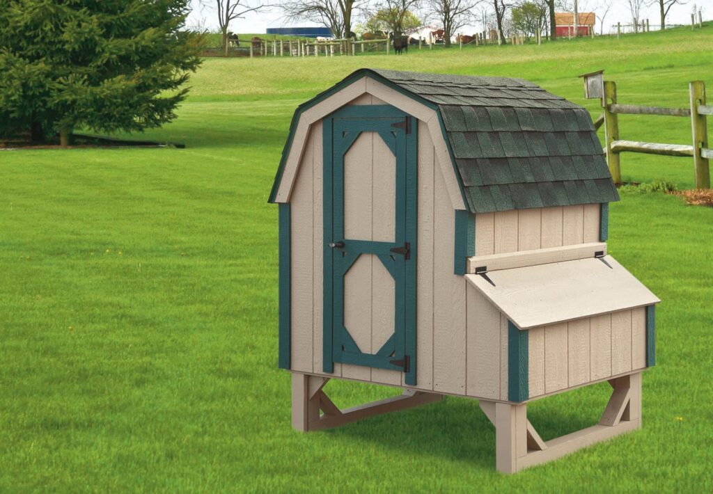 Brown and blue Dutch chicken coop for sale in a yard