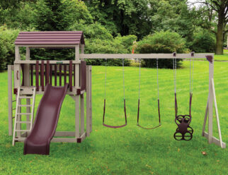 Red and tan vinyl swing set with three swings and a slide.