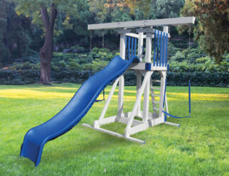 White and blue vinyl swing set with a slide and swing