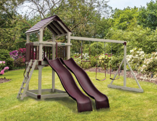 Tan and red vinyl swing set with two slides and two swings