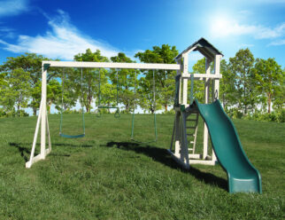 White and green vinyl swing set with a slide and three swings