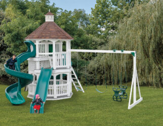 white gazebo style vinyl swing set with a spiral slide and two swings