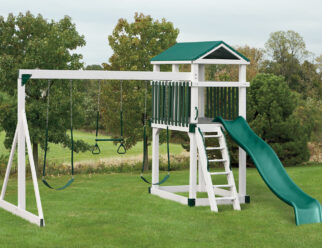 Green and white vinyl swing set with three swings and a slide