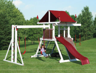White and red vinyl swing set with a kid swinging