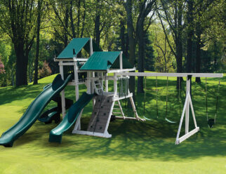 White and green vinyl swing set with multiple towers and slides