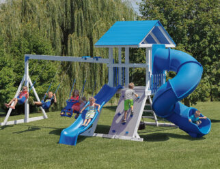 Blue and white vinyl swing set with kids playing