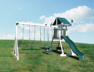 White and green vinyl swing set in a field